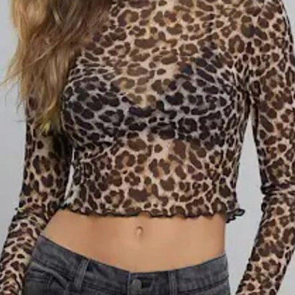 Cropped mesh leopard long sleeve top
