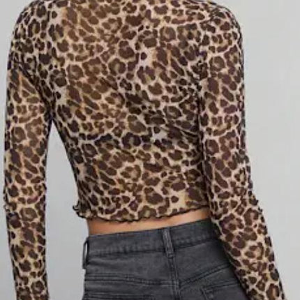 Cropped mesh leopard long sleeve top