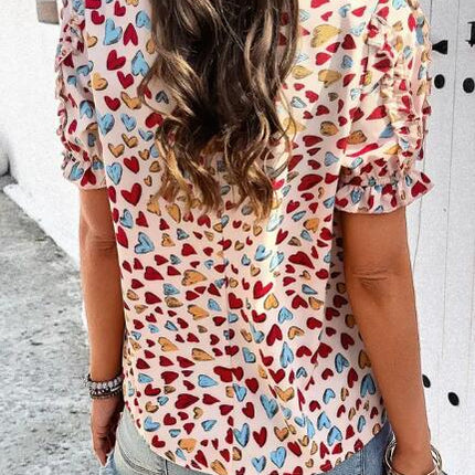 Round neck heart print ruffled sleeve top