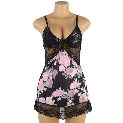 Ladies Black Floral Chemise with Lace Trim