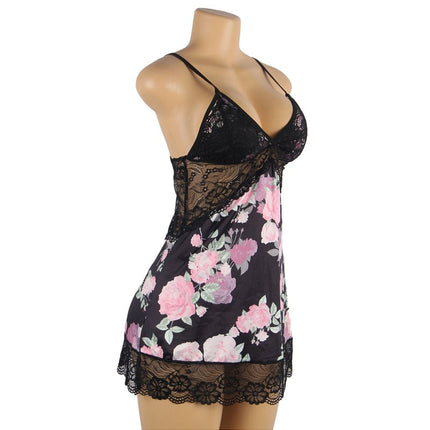 Ladies Black Floral Chemise with Lace Trim