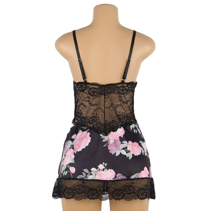Ladies Black Floral Chemise with Lace Trim