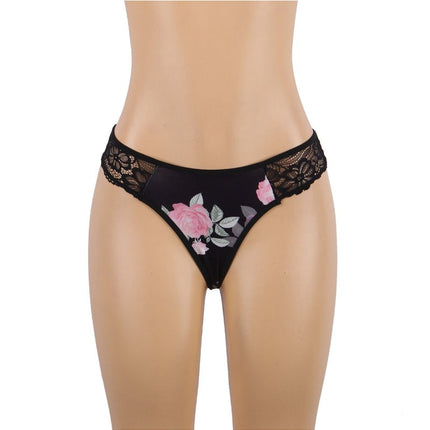 Ladies Black Floral Chemise with Lace Trim