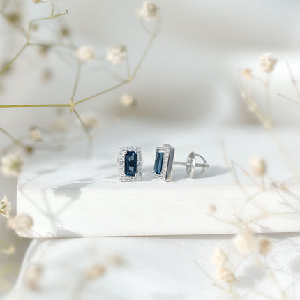 Natural Half Carat Baguette London Blue Topaz Stud Earrings with Diamond Halo