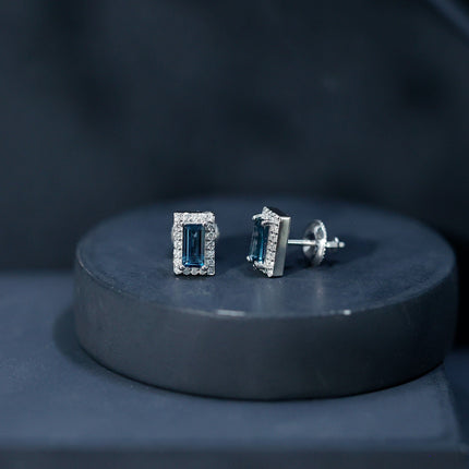 Natural Half Carat Baguette London Blue Topaz Stud Earrings with Diamond Halo