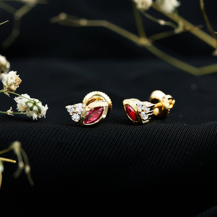 Marquise Cut Lab Grown Ruby and Diamond Stud Earrings in Silver