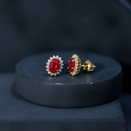 Natural 2 Carat Ruby Stud Earrings With Diamond Halo