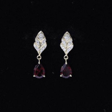 Genuine 3 Carat Garnet Teardrop Earrings with Diamond Leaf