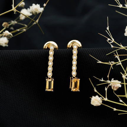 Emerald Cut Citrine and Diamond Bar Drop Earrings in Silver