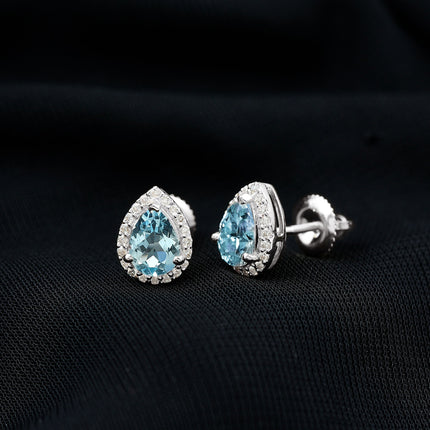 Real 0.89 Carat Aquamarine and Diamond Stud Earrings in Silver