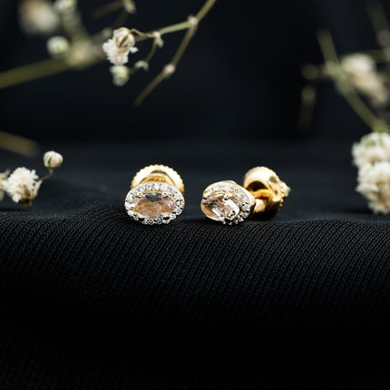 Peach Morganite and Diamond Halo Stud Earrings