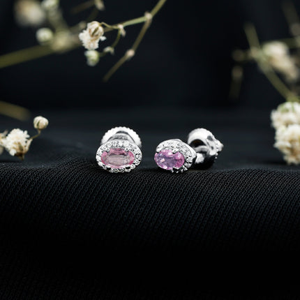 Natural Pink Sapphire Stud Earrings With Diamonds