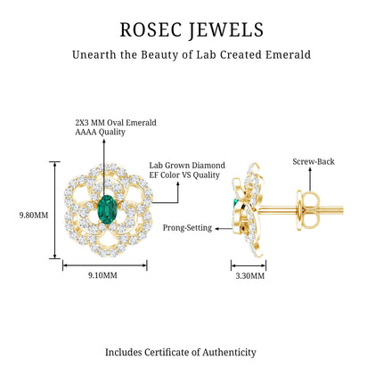 Yellow Gold Plated Silver Lab Grown Emerald Diamond Flower Stud Earrings for Women