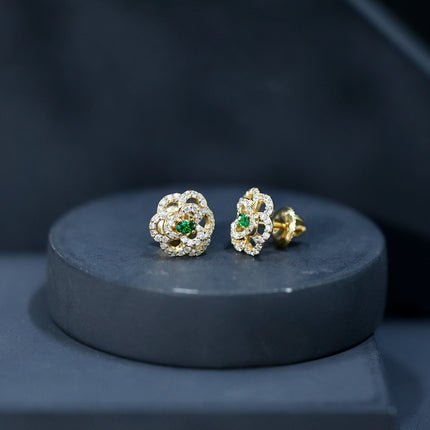 Yellow Gold Plated Silver Lab Grown Emerald Diamond Flower Stud Earrings for Women