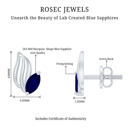 Genuine Marquise Cut Blue Sapphire Leaf Stud Earrings in Silver