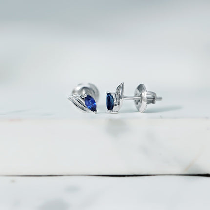 Genuine Marquise Cut Blue Sapphire Leaf Stud Earrings in Silver