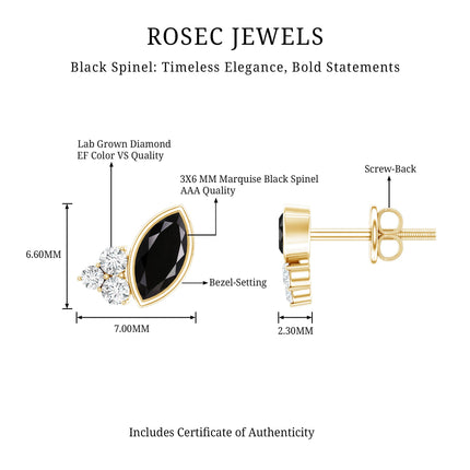 Marquise Cut Black Spinel Stud Earrings with Diamonds