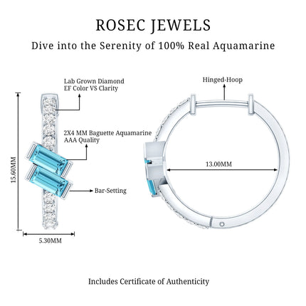 Natural Half Carat Aquamarine Hoop Earrings with Lab Diamond