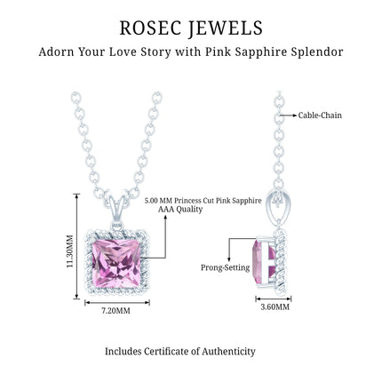 Natural Princess Cut Pink Sapphire Solitaire Pendant with Chain
