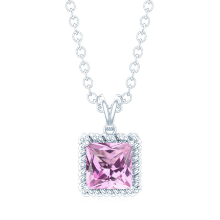 Natural Princess Cut Pink Sapphire Solitaire Pendant with Chain