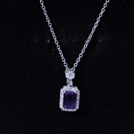 Genuine 1.1 Carat Emerald Cut Amethyst Vintage Necklace with Diamond Halo