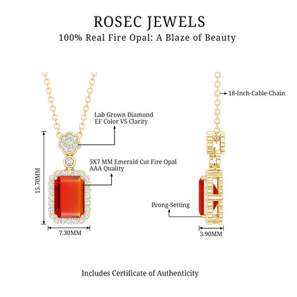 Vintage Style 1 Carat Emerald Cut Fire Opal Necklace with Diamond
