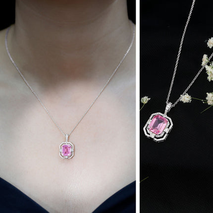 Certified 2.3 Carat Emerald Cut Lab Grown Pink Sapphire Diamond Vintage Necklace