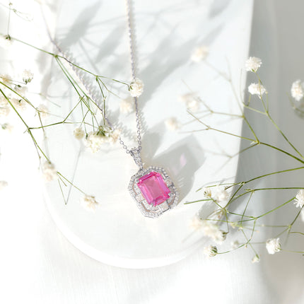 Certified 2.3 Carat Emerald Cut Lab Grown Pink Sapphire Diamond Vintage Necklace