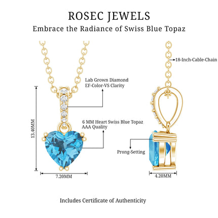0.9 Carat Swiss Blue Topaz Solitaire and Diamond Heart Necklace with Chain