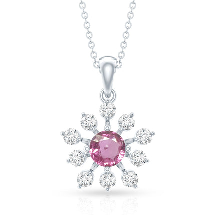 Genuine 0.58 Carat Pink Sapphire and Diamond Flower Pendant Necklace