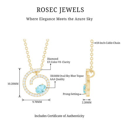 Genuine Sky Blue Topaz and Diamond Swirl Necklace with Silver Chain