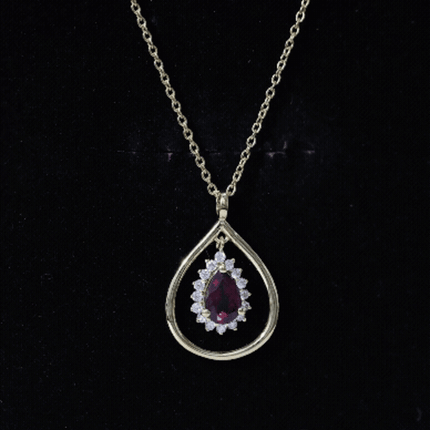 Rhodolite Garnet and Diamond Teardrop Necklace with Silver Chain