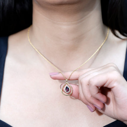 Rhodolite Garnet and Diamond Teardrop Necklace with Silver Chain