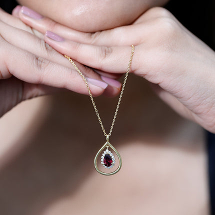 Rhodolite Garnet and Diamond Teardrop Necklace with Silver Chain