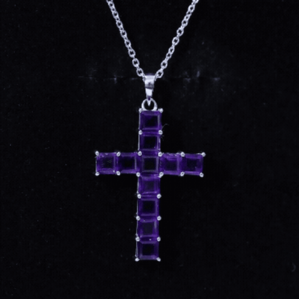 Princess Cut Amethyst Cross Pendant Necklace with Silver Chain