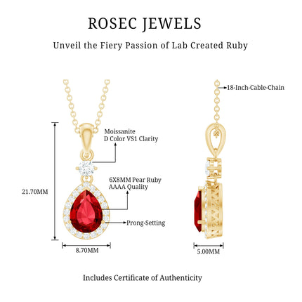 Lab Created Ruby Teardrop Necklace with Moissanite Halo