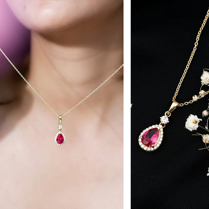 Lab Created Ruby Teardrop Necklace with Moissanite Halo
