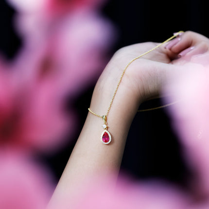 Lab Created Ruby Teardrop Necklace with Moissanite Halo