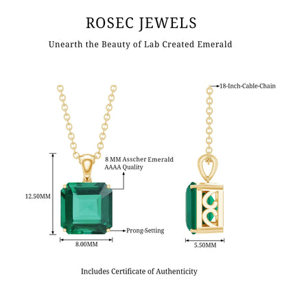 Certified 6 Carat Asscher Cut Lab Created Emerald Solitaire Pendant with Silver Chain