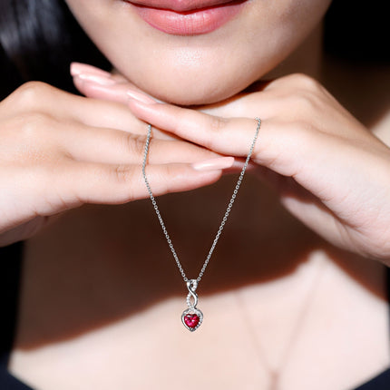 1 Carat Lab Grown Ruby Heart and Infinity Necklace with Silver Chain