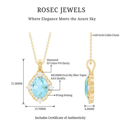 Vintage Style Sky Blue Topaz Diamond Halo Necklace