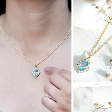 Vintage Style Sky Blue Topaz Diamond Halo Necklace