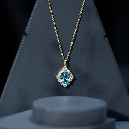 Vintage Style Sky Blue Topaz Diamond Halo Necklace