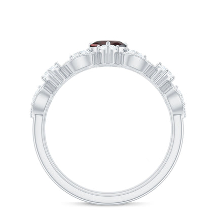 Natural Garnet Diamond Heart Engagement Ring with Wedding Band