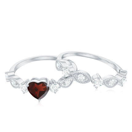 Natural Garnet Diamond Heart Engagement Ring with Wedding Band