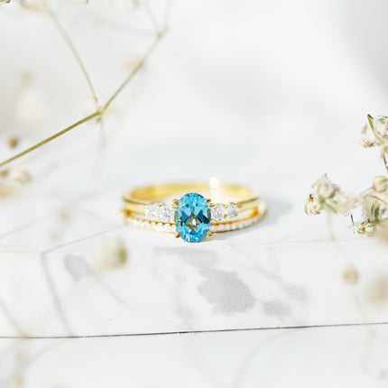 Oval Swiss Blue Topaz Diamond Wedding Ring Set in Silver
