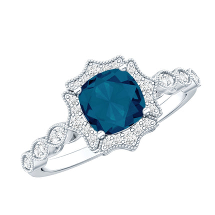 Genuine London Blue Topaz Antique Looking Engagement Ring in Silver