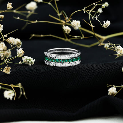 Certified Lab Grown Emerald 3 Row Eternity Wedding Band