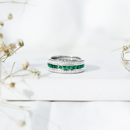 Certified Lab Grown Emerald 3 Row Eternity Wedding Band