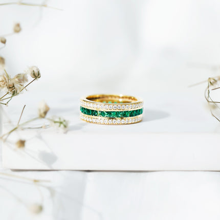 Three Row Lab Created Emerald and Moissanite Wedding Band